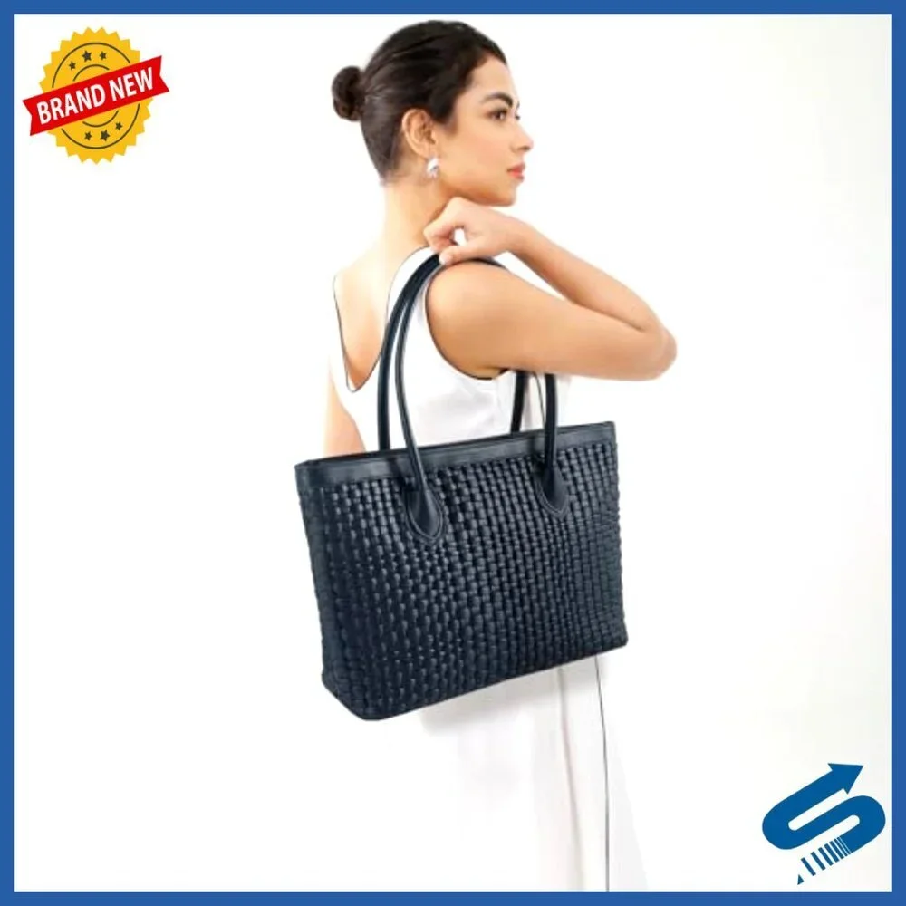 Vegan Leather Woven Tote Bag Handmade Shoulder Bag Zip Closure Travel Beach